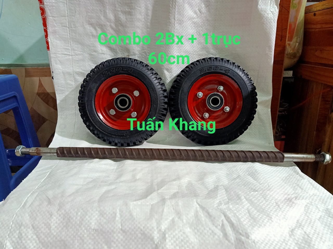 Combo 2 bánh xe 20cm và trục 60cm răn 17ly