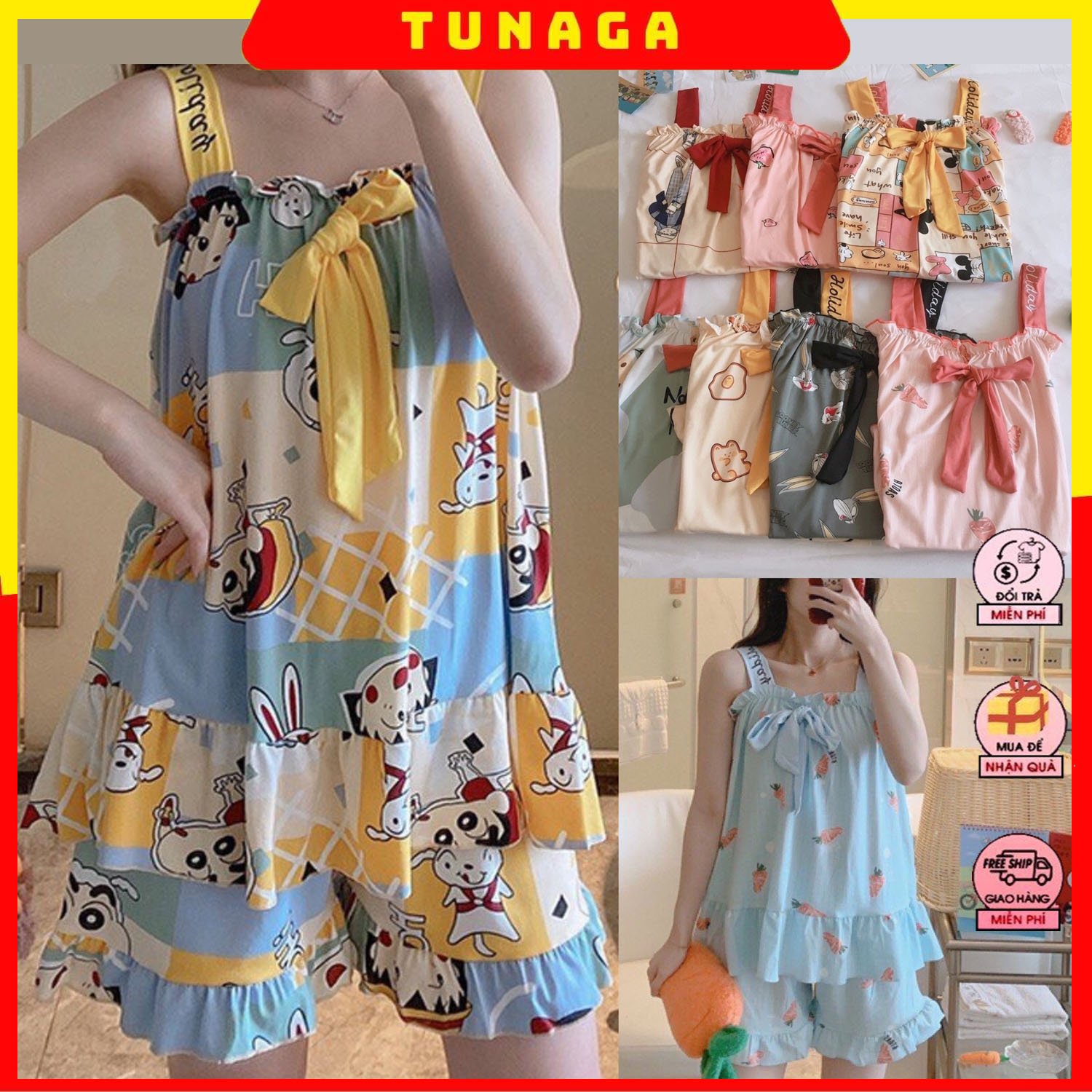 Bộ ngủ áo 2 dây, bộ đồ nữ mặc nhà siêu cute