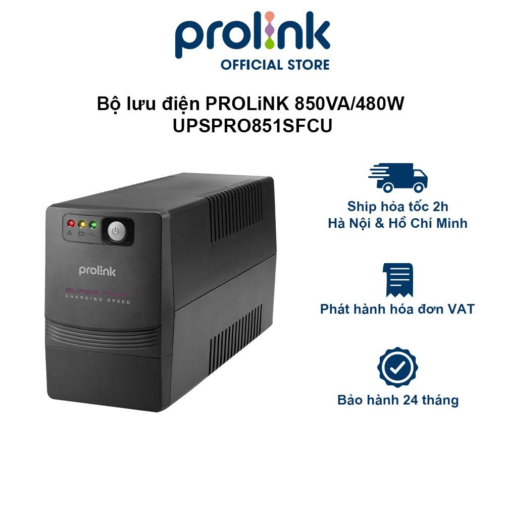 Bộ lưu điện UPS PROLiNK PRO851SFCU (850VA) công suất 480W, tích hợp bộ AVR, sạc siêu nhanh, dùng cho PC, Camera, Wifi