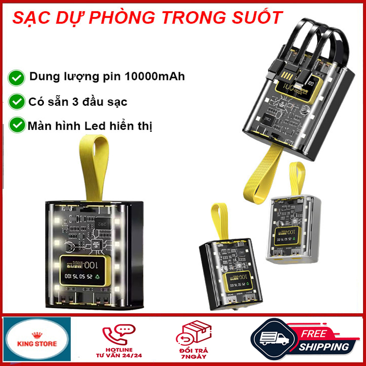 Pin sạc dự phòng trong suốt Power bank 3 cáp sạc dung lượng 10000mAh công nghệ sạc nhanh màn hình led hiển thị pin thiết kế nhỏ gọn tiện lợi sac du phong