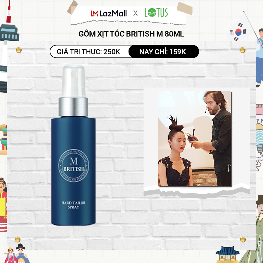 Gôm(keo) xịt tạo kiểu giữ nếp tóc cứng tự nhiên không gây tổn hại tóc dùng cho cả nam và nữ BRITISH M Hard Tailor Spray 80ml