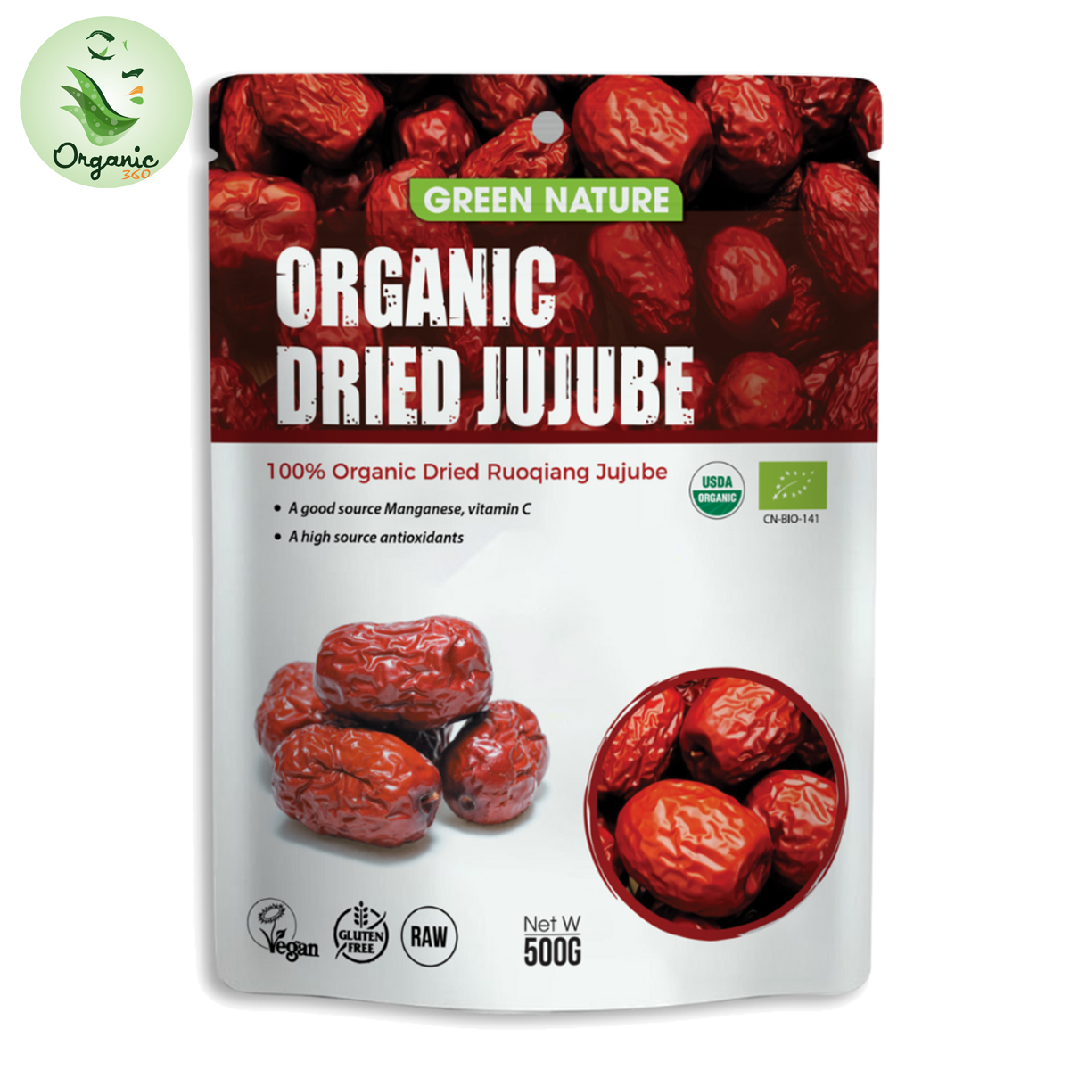 Táo đỏ hữu cơ Rouqiang Green Nature 500gr Organic Dried Ruoqiang Jujube