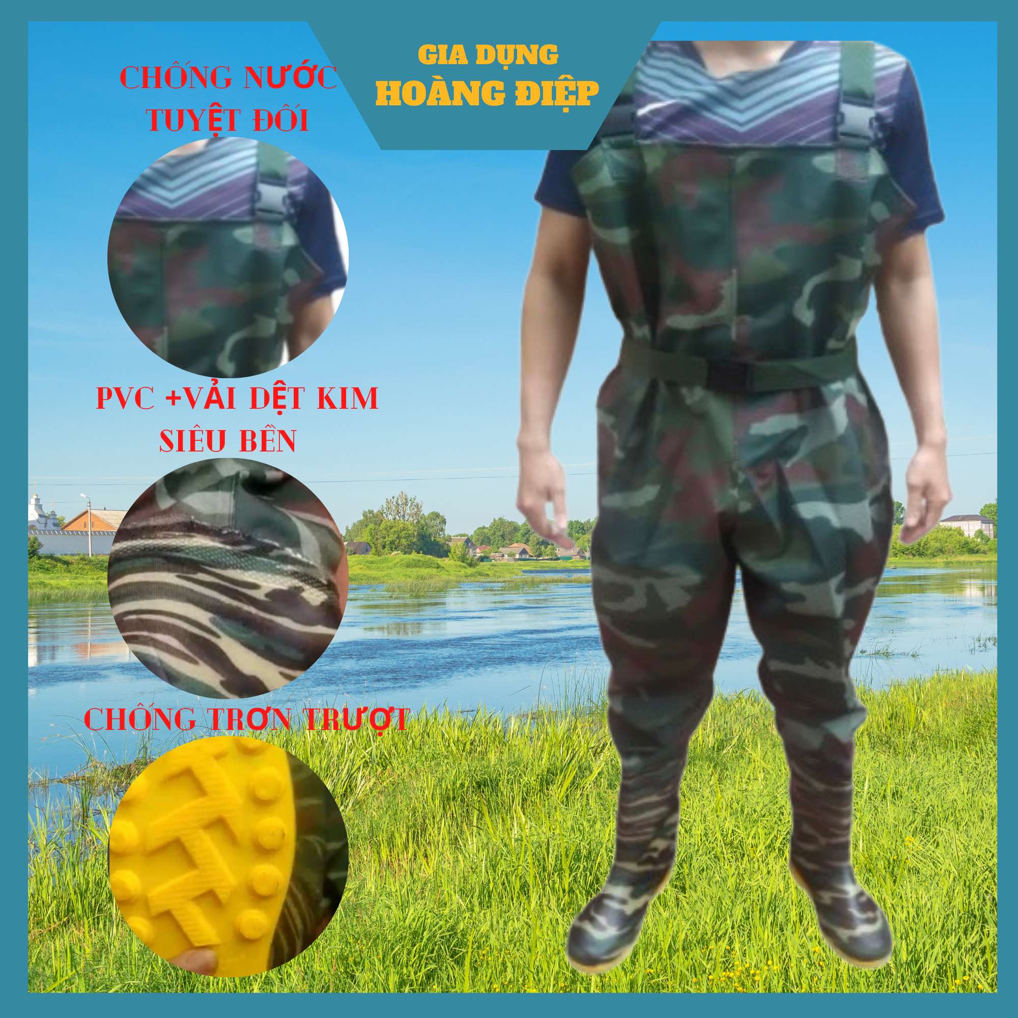 Ủng yếm, ủng lội nước liền quần Hoa San rằn ri đế cứng size 38-43, ủng yếm màu rằn ri