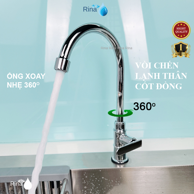 THÂN LÕI ĐỒNG SIÊU BỀN Vòi nước rửa chén bát lạnh đồng thau xi bóng Rina RN6011 xoay 360 nước ra mạnh mẽ