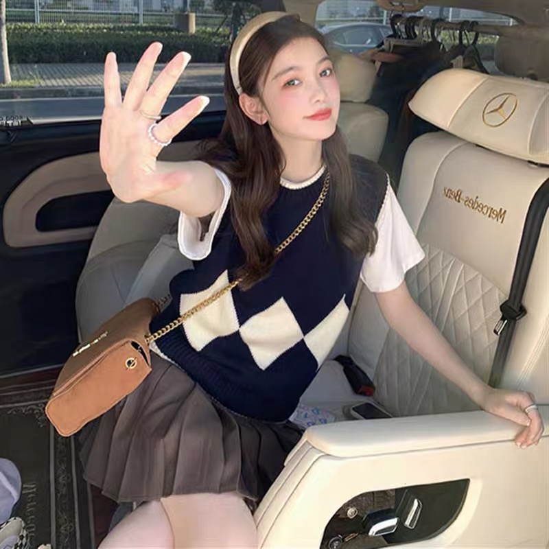 MS1014 Áo gile len nữ cổ tròn hoạ tiết trám Hàn Quốc