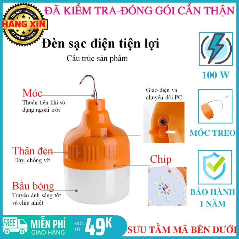 Bóng Đèn Tích Điện LED 100w CỰC SÁNG Có Sạc Ngoài 3 Chế Độ Sáng Thông Minh kèm móc treo cao cấp