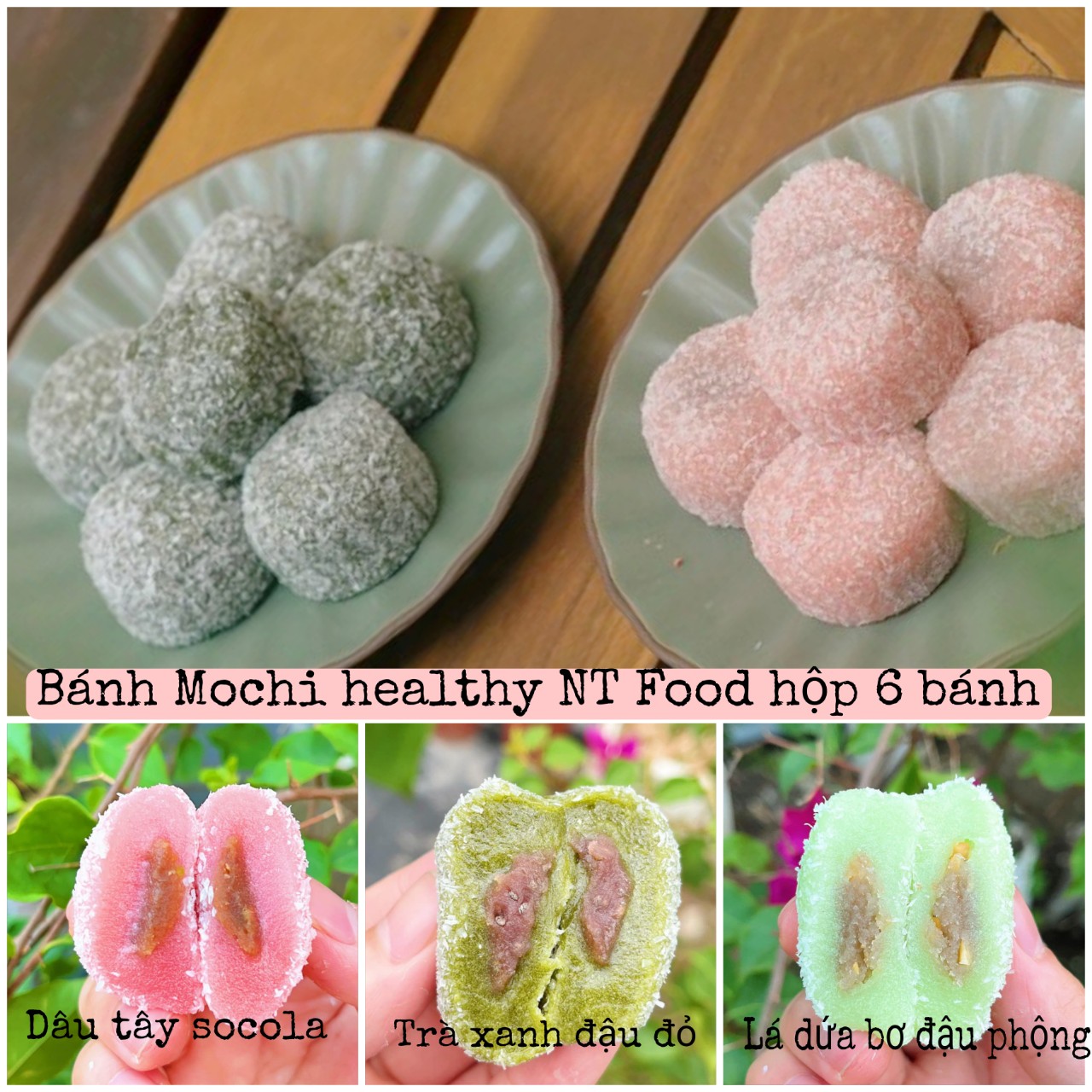 Bánh Mochi healthy ít ngọt vị dâu tây, lá dứa, matcha Baki NTFood hộp 6 bánh 180gr
