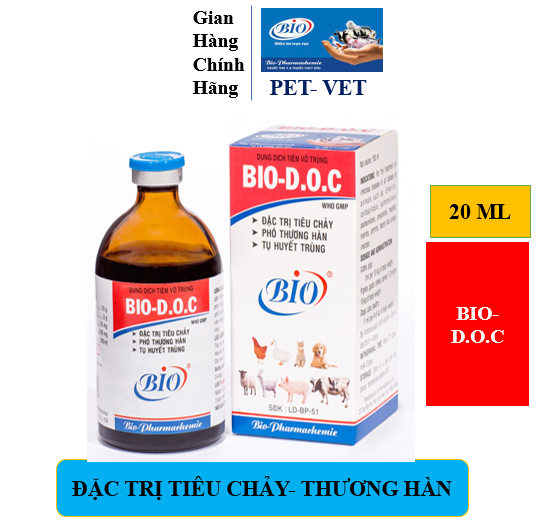 BIO-D.O.C 20ML. CHÓ, MÈO, HEO GÀ TIÊU CHẢY, PHÓ THƯƠNG HÀN, TỤ HUYẾT TRÙNG