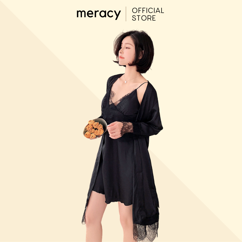 Áo choàng ngủ lụa kèm váy ngủ nữ MERACY chất liệu cao cấp có mút ngực phối ren sexy M05-CV