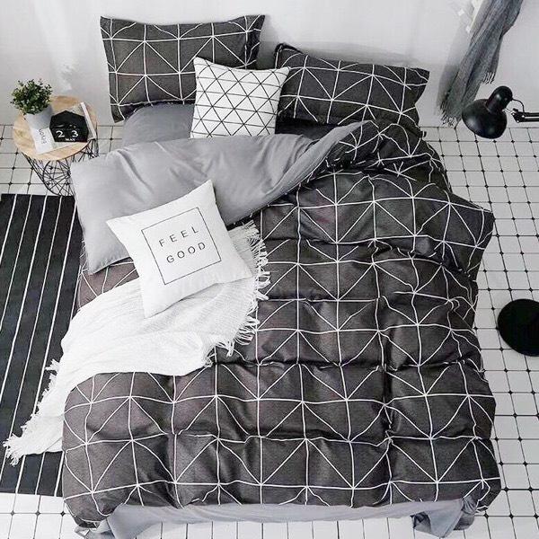 Bộ Chăn Ga Gối 5 Món Cotton Korea Ô Kẻ, Mền Chần Bông Siêu Nhẹ