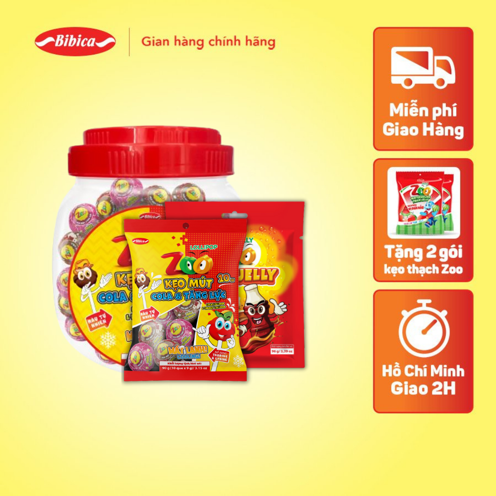 Combo 3 kẹo mút zoo cola - tăng lực các loại bibica: dẻo 96g, kẹo mút - tăng lực túi 90g & hũ 540g