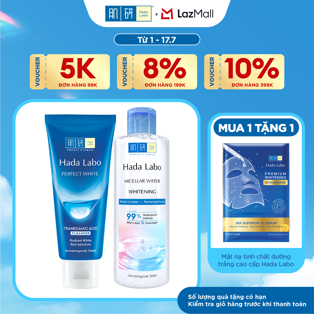 [VB] Bộ đôi sạch sâu - dưỡng trắng Hada Labo (Nước tẩy trang Hada Labo Micellar Water Whitening 240mL + Sữa rửa mặt dưỡng trắng Hada Labo Perfect White Tranexamic Acid 80g)