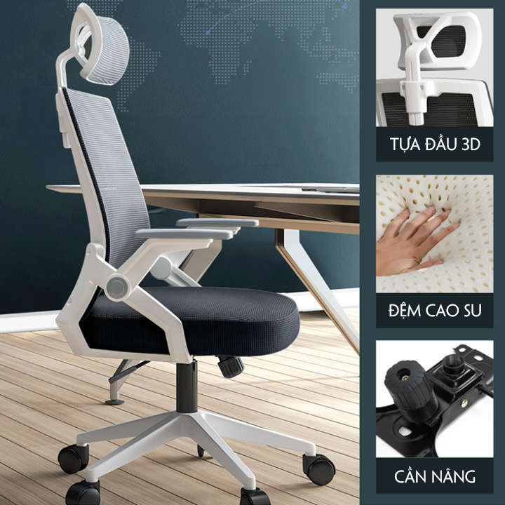 Ghế Xoay Văn Phòng Lưới Có Ngả Lưng Tựa Đầu Thoáng Khí, Ghế Công Thái Học Ergonomic Thông Minh Hỗ Trợ Giảm Đau lưng