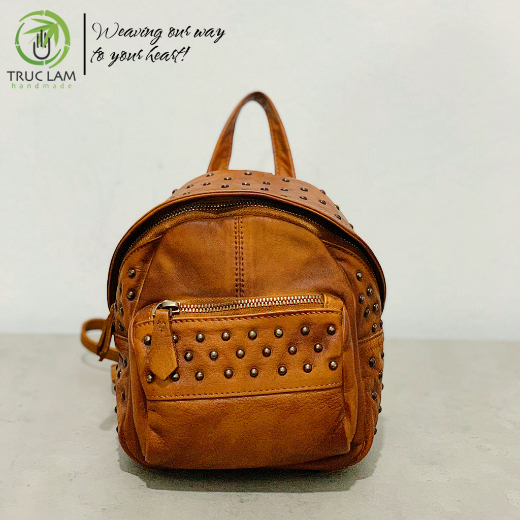 Balo thời trang da bò thật cao cấp có gắn đinh tròn trang trí – trúc lâm handmade