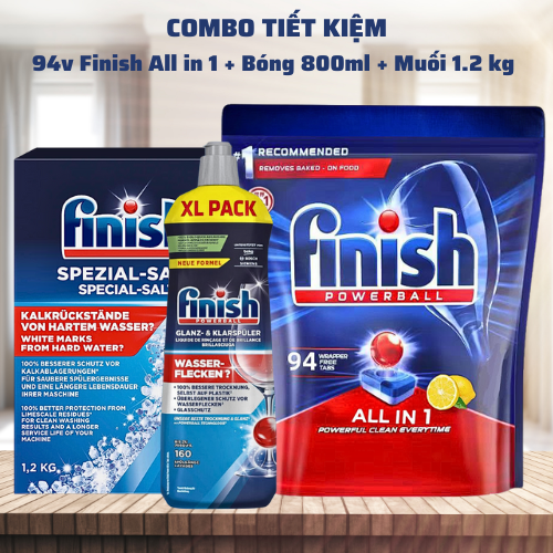 Combo rửa bát Finish All in one: Túi All in one hương chanh 94 viên, Muối 1.2kg, Nước làm bóng 800ml - Nhập khẩu Châu Âu