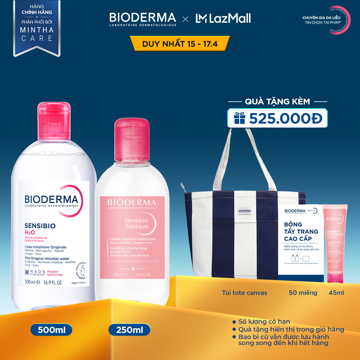 Bộ đôi nước tẩy trang làm sạch micellar cho da nhạy cảm Bioderma Sensibio H2O 500ml và dung dịch cân bằng, dưỡng ẩm 250ml