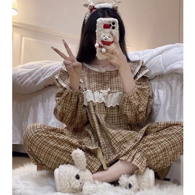 Bộ ngủ bánh bèo caro nhỏ phối ren qccc