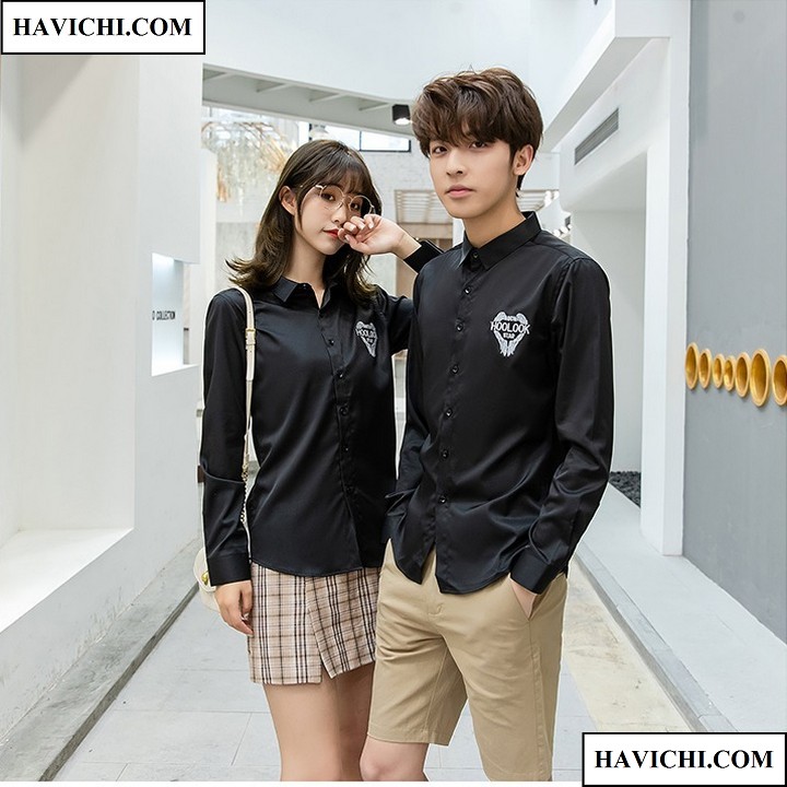 Áo sơ mi cặp đôi nam nữ đen phong cách thoáng mát havichi.com