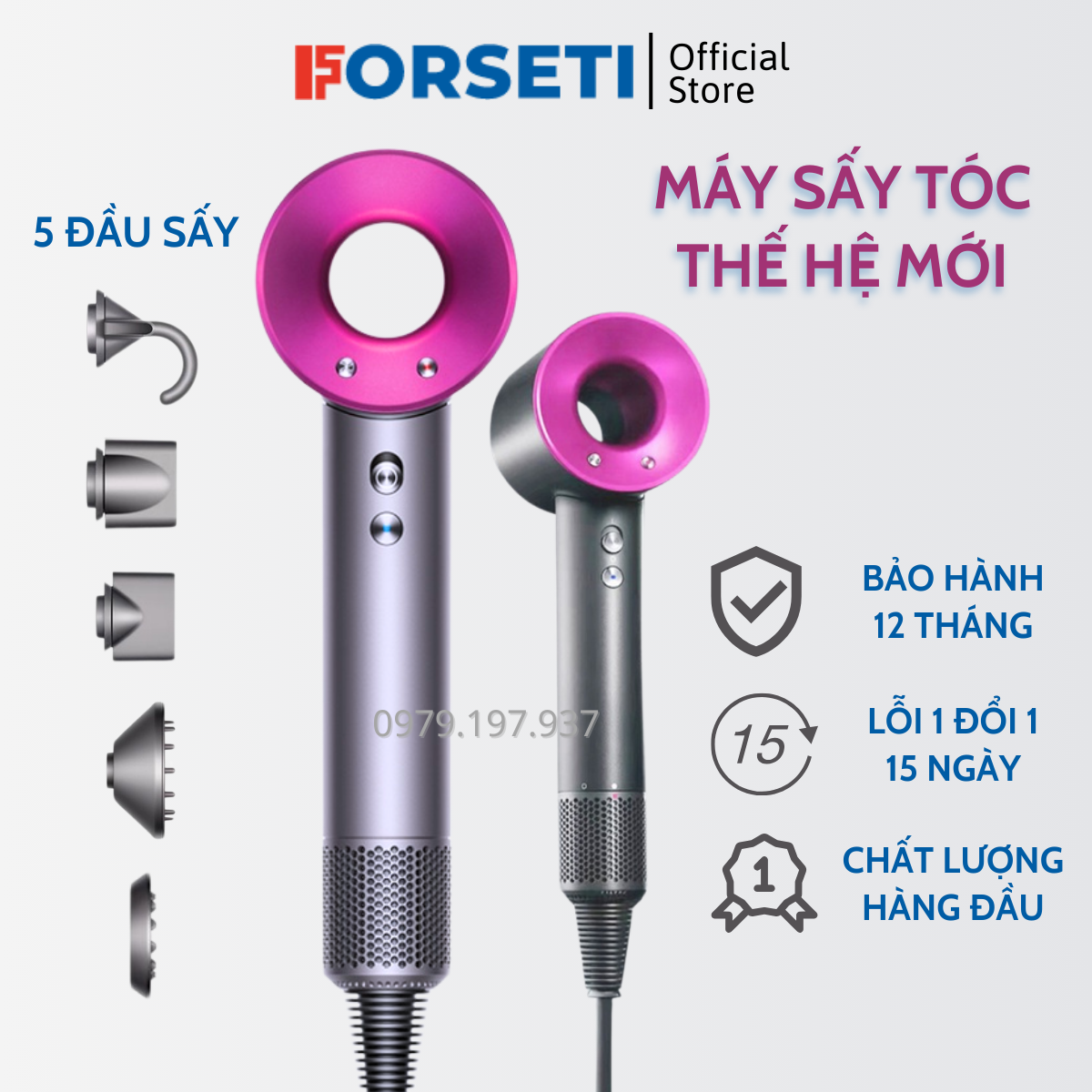 Máy Sấy Tóc FORSETI Ion Âm Tốc Độ Cao 1800W 2 Chiều Nóng Lạnh Mã FHD688 Hair Dryer Salon Supersonic Thiết Kế Không Lá Động Cơ Không Chổi Kèm 5 Đầu Sấy Tạo Kiểu Bảo Hành 1 Năm Có Chứng Nhận An Toàn Điện