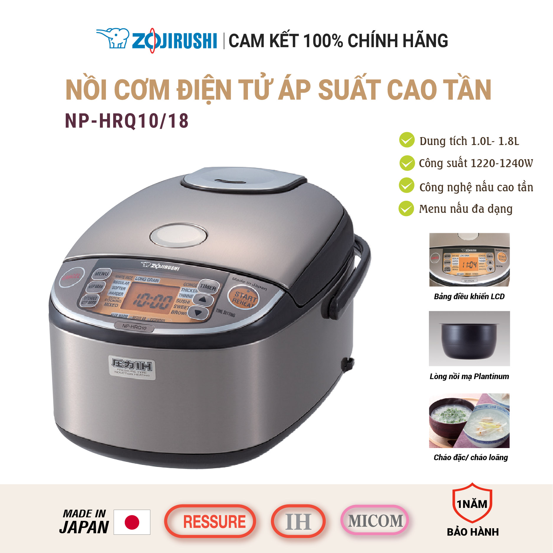 Nồi cơm điện tử áp suất cao tần ZOJIRUSHI NP-HRQ18-XT 1,8L, sản xuất tại Nhật, bảo hành 1 năm chính hãng