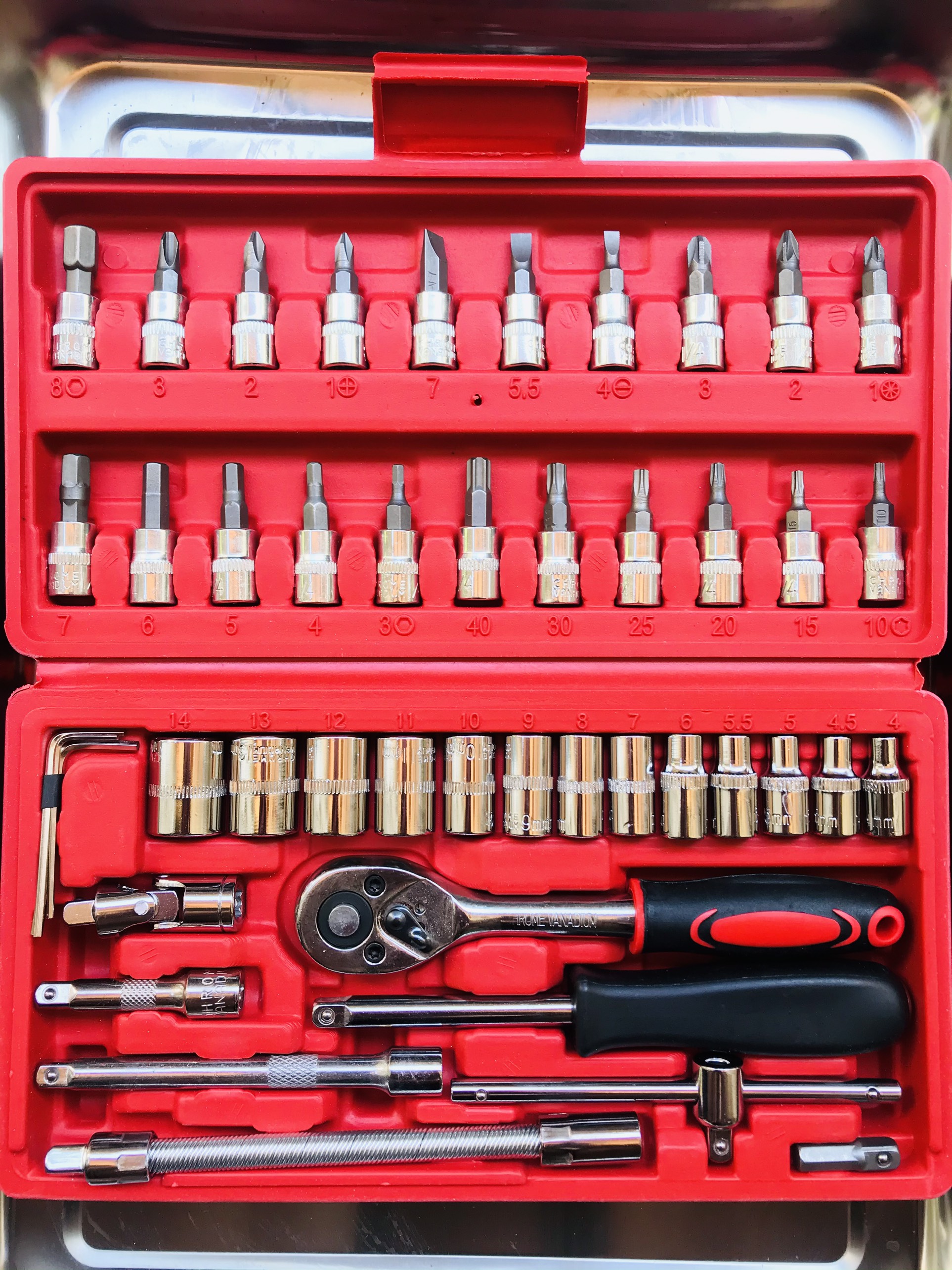 Bộ dụng cụ tay công đầu khẩu 46 chi tiết mini đầu 1/4 inch đa năng đầy đủ tô vít, lúc lắc, T, tay nối kèm các đầu mở bulong, ốc vít, lục giác, hoa thị, 4 cạnh,...