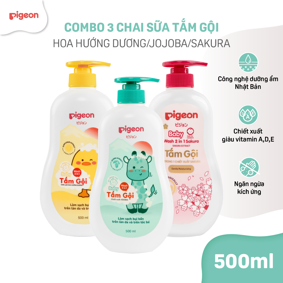 [500ML] Combo 3 Chai Sữa Tắm Gội Dưỡng Ẩm Cho Bé Pigeon 500ml Dịu Nhẹ Mềm Mại An Toàn Cho Da