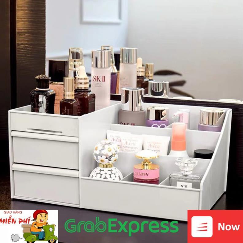 Kệ hộp đựng mỹ phẩm 2 ngăn (25x16cm), khay hộp để đồ cá nhân trang điểm bông tẩy trang để bàn trang trí nhiều ngăn bằng nhựa đẹp