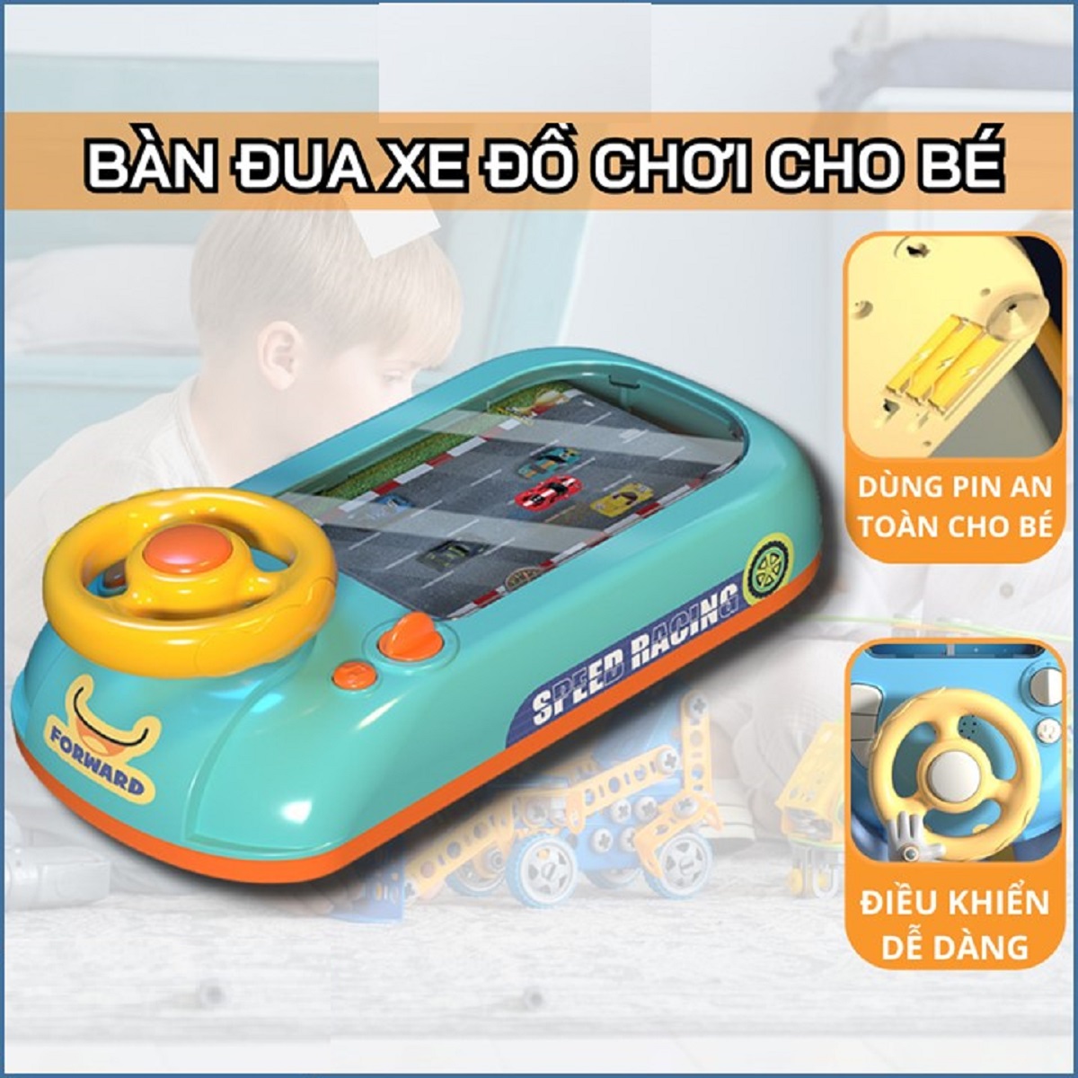Đồ chơi mô hình đường đua xe ô tô 2 tốc độ có màn hình chuyển động và vô lăng mô phỏng lái xe cho bé, bàn đua xe đồ chơi cho bé