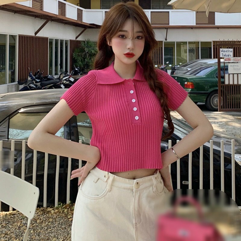 Áo cộc tay cổ bẻ cài cúc ngực, Áo áo len dệt kim polo tay ngắn khuy bèo croptop nhiều màu cá tính hiện đại