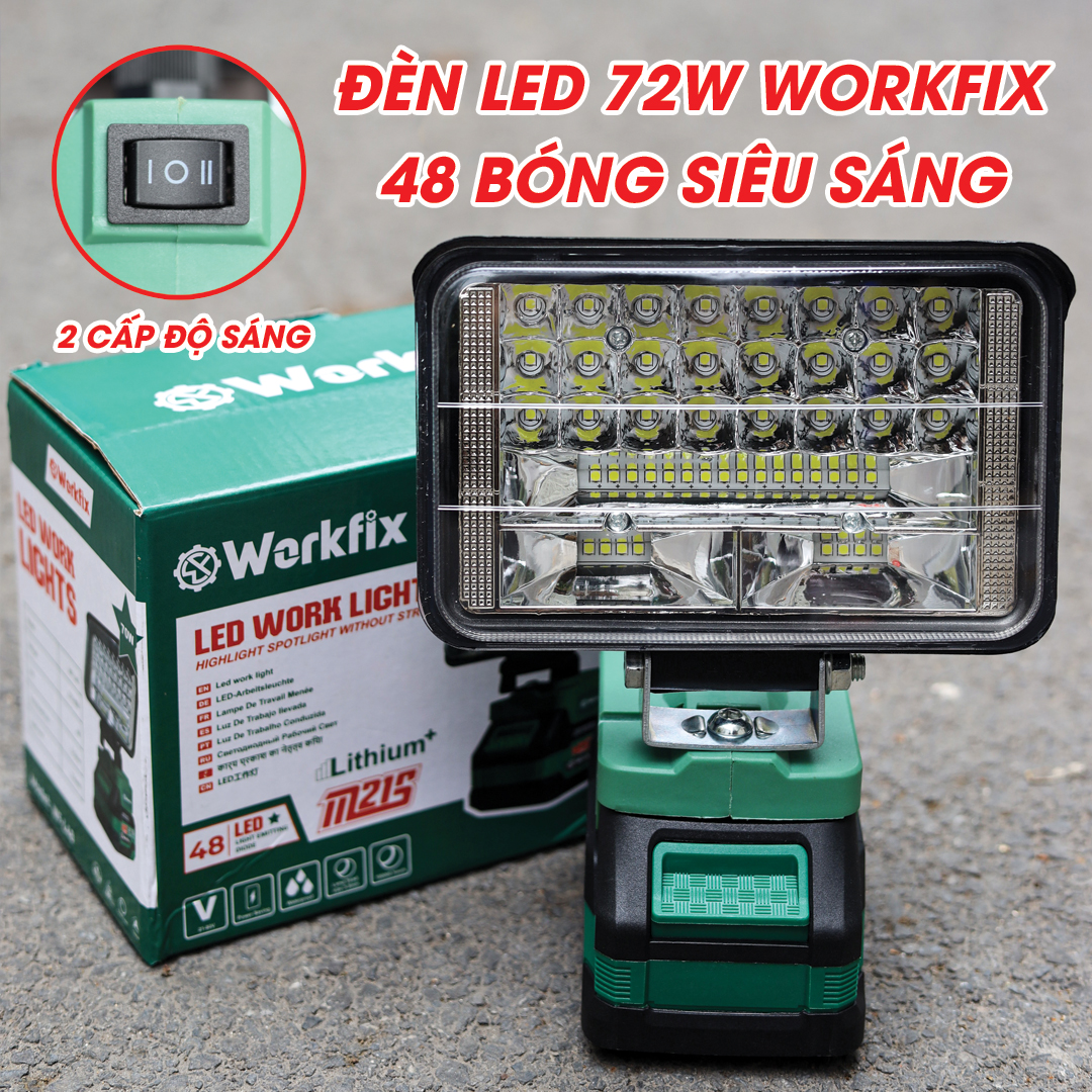 Đèn tích điện WORKFIX 48 bóng 70W thắp sáng , đèn pin máy khoan sử dụng chân pin phổ thông - Bảo Hành Chính Hãng