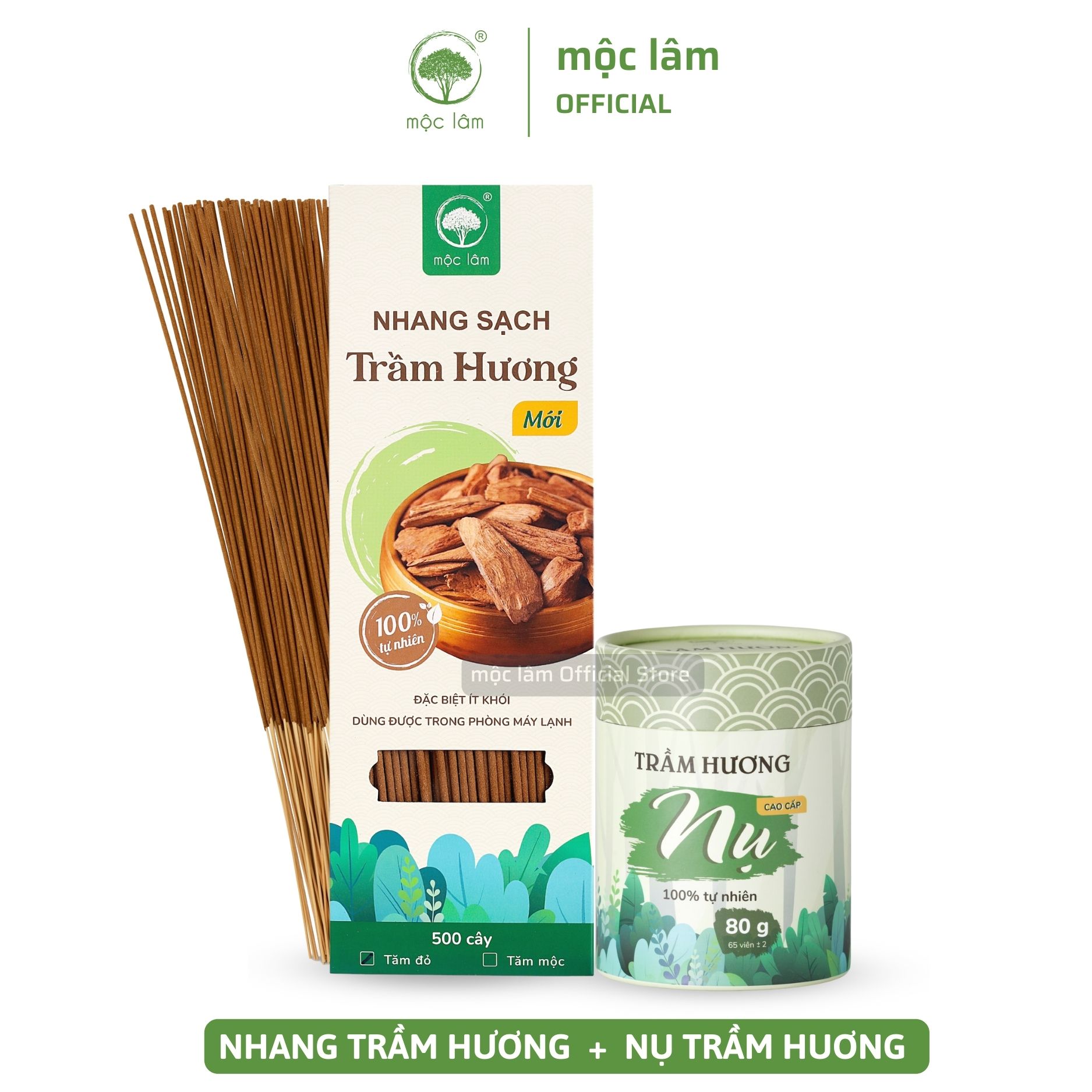 Nhang trầm hương 29cm - 500cây và nụ trầm hương 80g 65viên - mộc lâm
