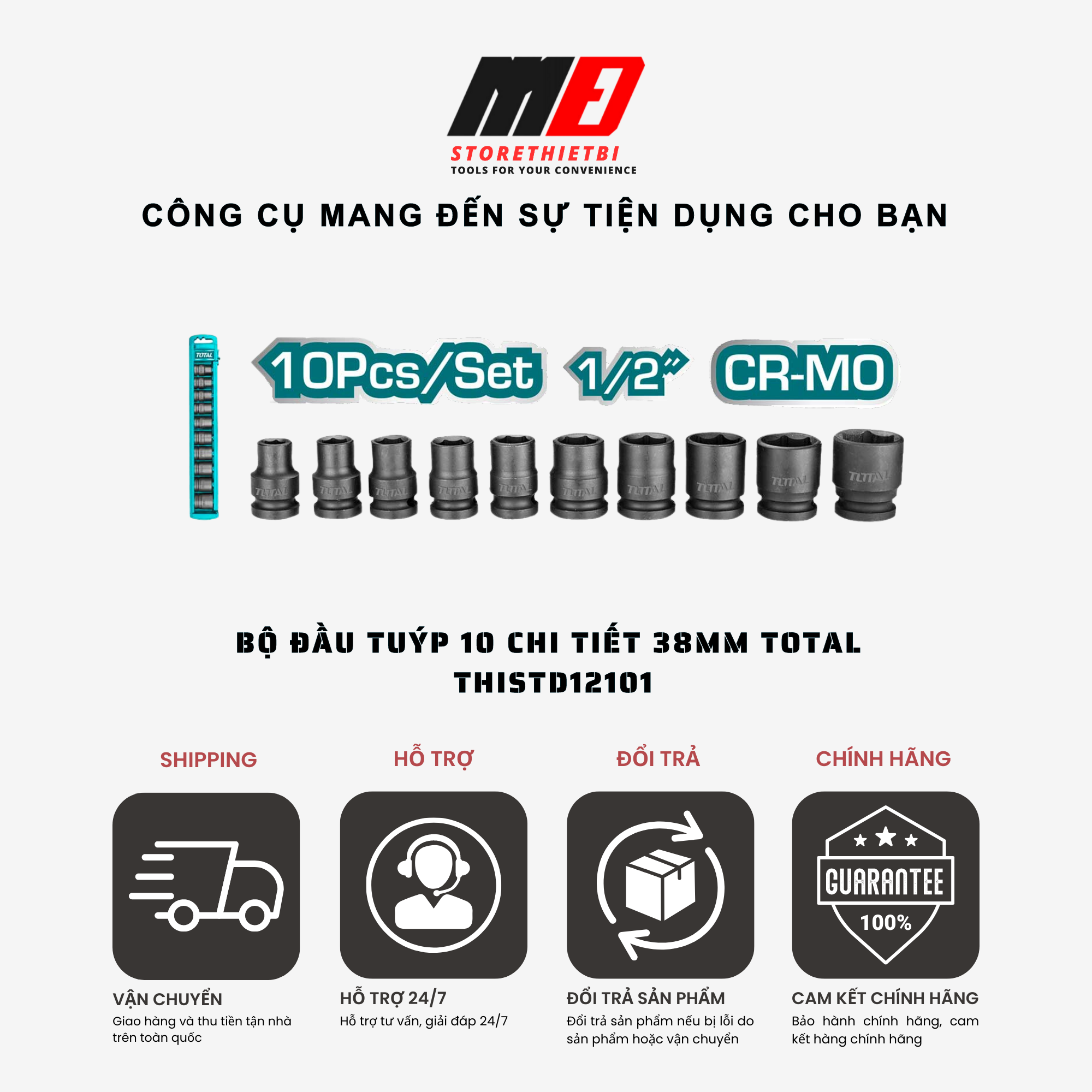 Thistd12101 Bộ 10 Đầu Tuýp 1/2 38Mm Total 10-24Mm (Thép Crmo)