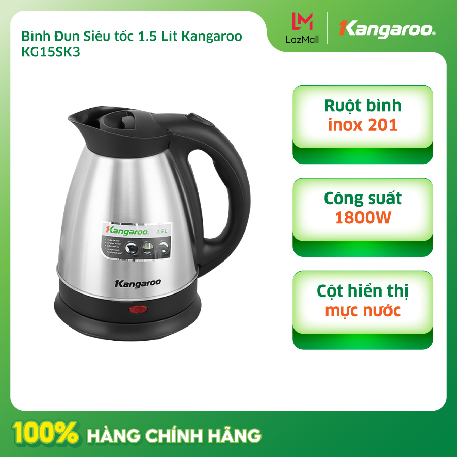 Bình đun siêu tốc 1.5l kangaroo kg15sk3 - công suất 1800w - hàng chính hãng