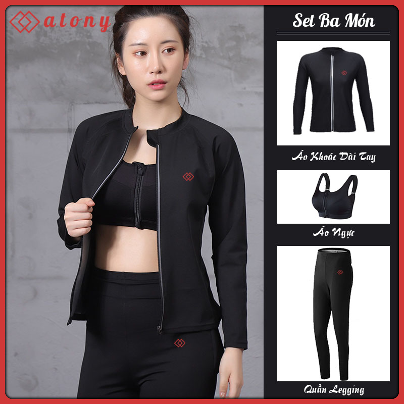 Bộ Đồ Đổ Mồ Hôi Tan Mỡ Bụng Chính Hãng ATONY, Tráng Bạc Nano -Set 3:Áo Khoác Dài Ko Mũ + Áo Ngực + Quần Giảm Mỡ