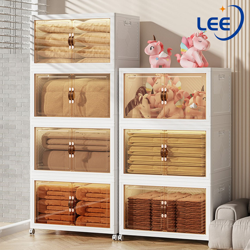 Folding Storage Box Wardrobe Transparent Double Door Foldable Home Clothes Snacks Storage Cabinet