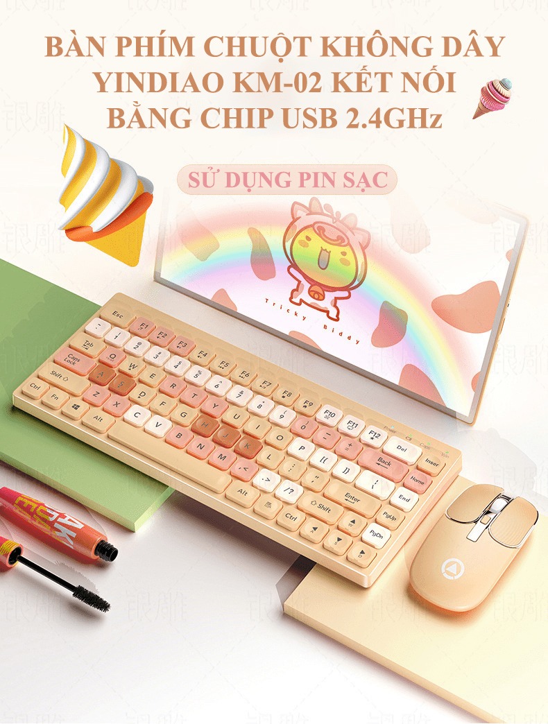 Bộ bàn phím và chuột không dây 84 phím YINDIAO KM-02 kết nối bằng chip USB sử dụng pin sạc với thiết kế mini nhỏ gọn tiện lợi - NK
