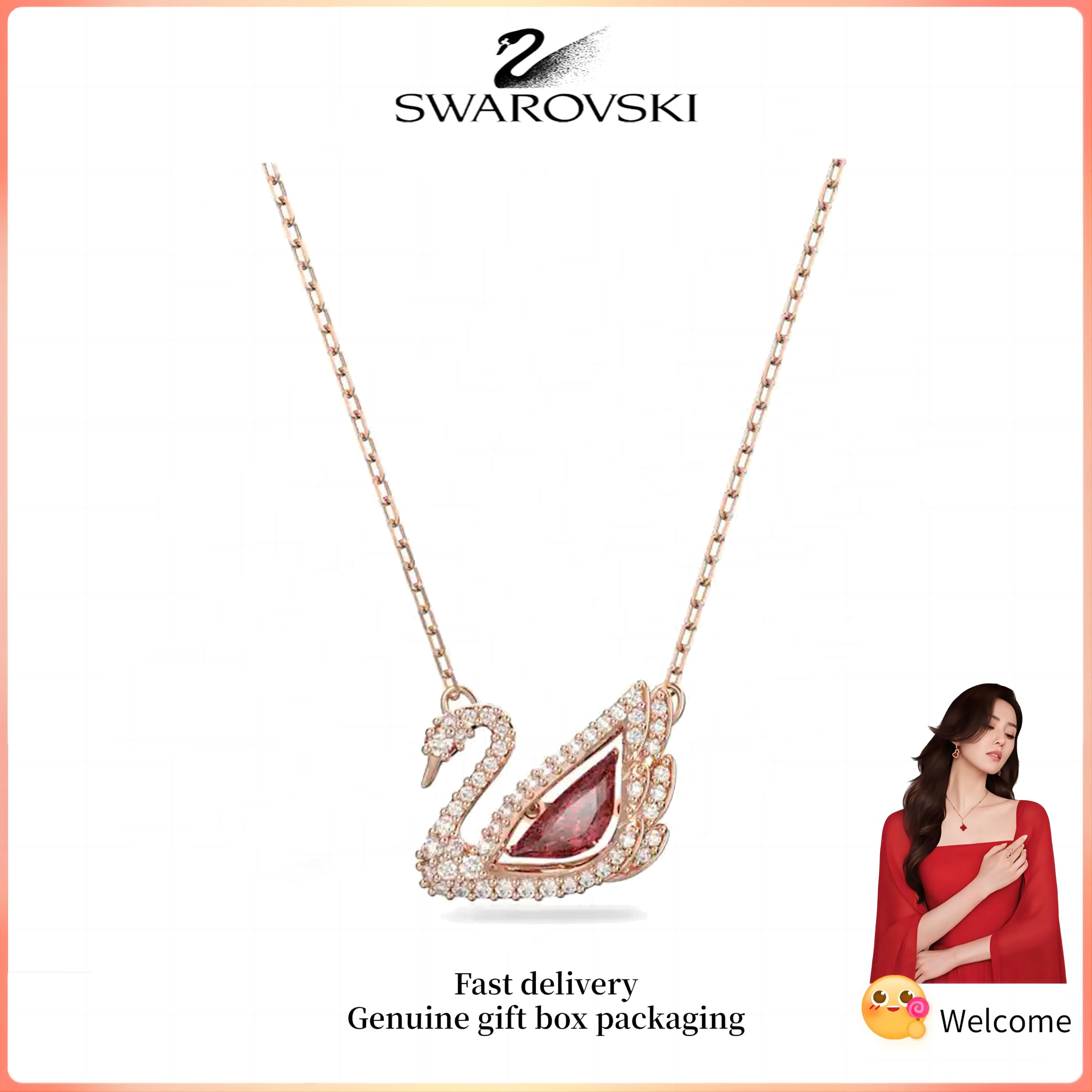 ♈ Swarovski ♈ Vòng cổ thời trang nữ Dây chuyền mặt thiên nga bằng vàng hồng đá quý pha lê đỏ Quà tặng ngày lễ tình nhân Quà tặng sinh nhật
