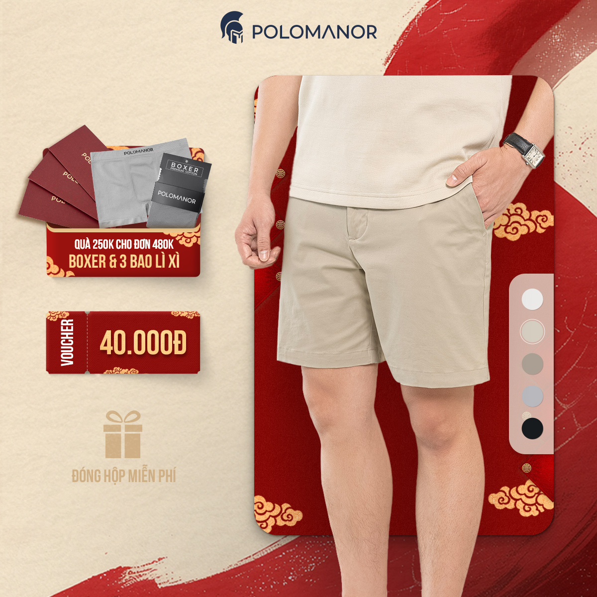 Quần short nam ngắn POLOMANOR vải kaki xuất xịn, lưng đai thun, co giãn 2 chiều, chuẩn form