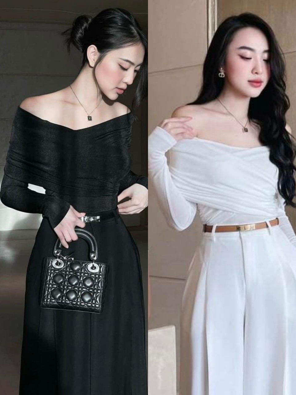 Áo thun ánh kim đắp chéo trễ vai tay dài thanh lịch