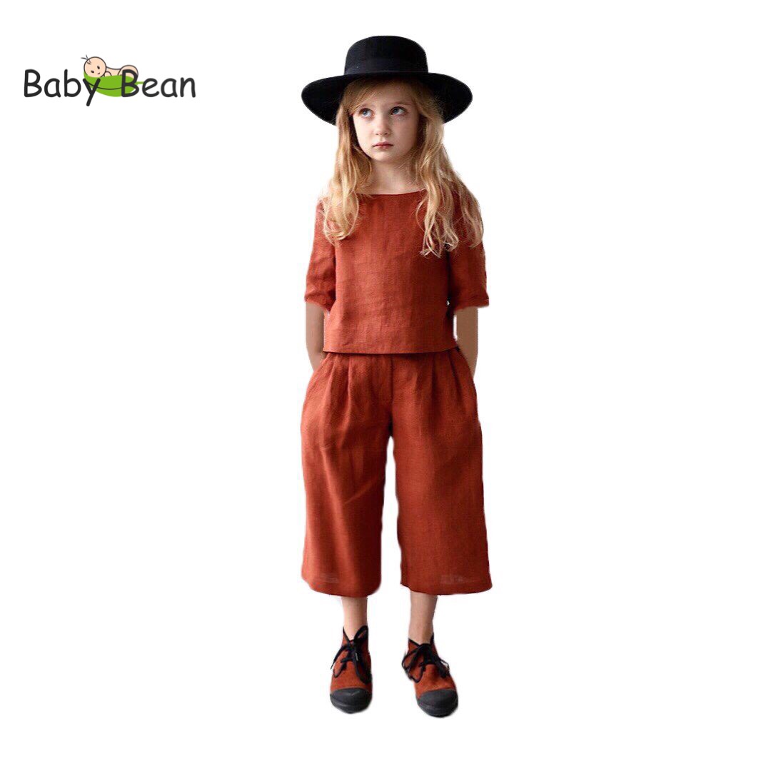 Đồ Bộ Đũi Áo Tay Lỡ Quần Ống Rộng đính Hoa Hồng Bé Gái BabyBean
