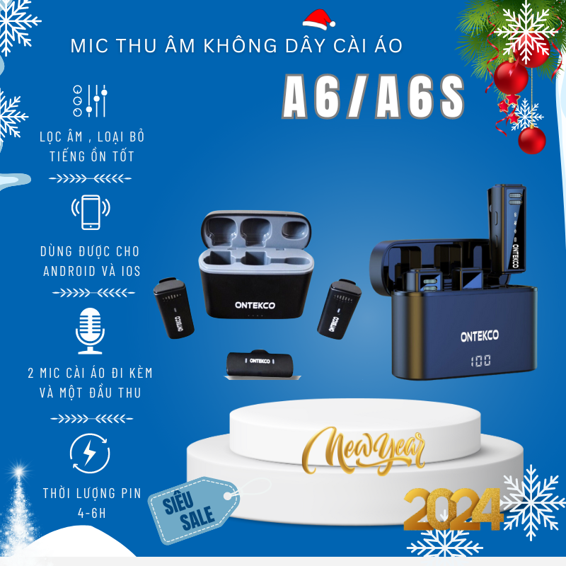 Bộ 2 Micro thu âm không dây ONTEKCO,Mic cài áo,livestream chuyên nghiệp,bắt âm tốt, giảm tiếng ồn, thu âm cho điện thoại