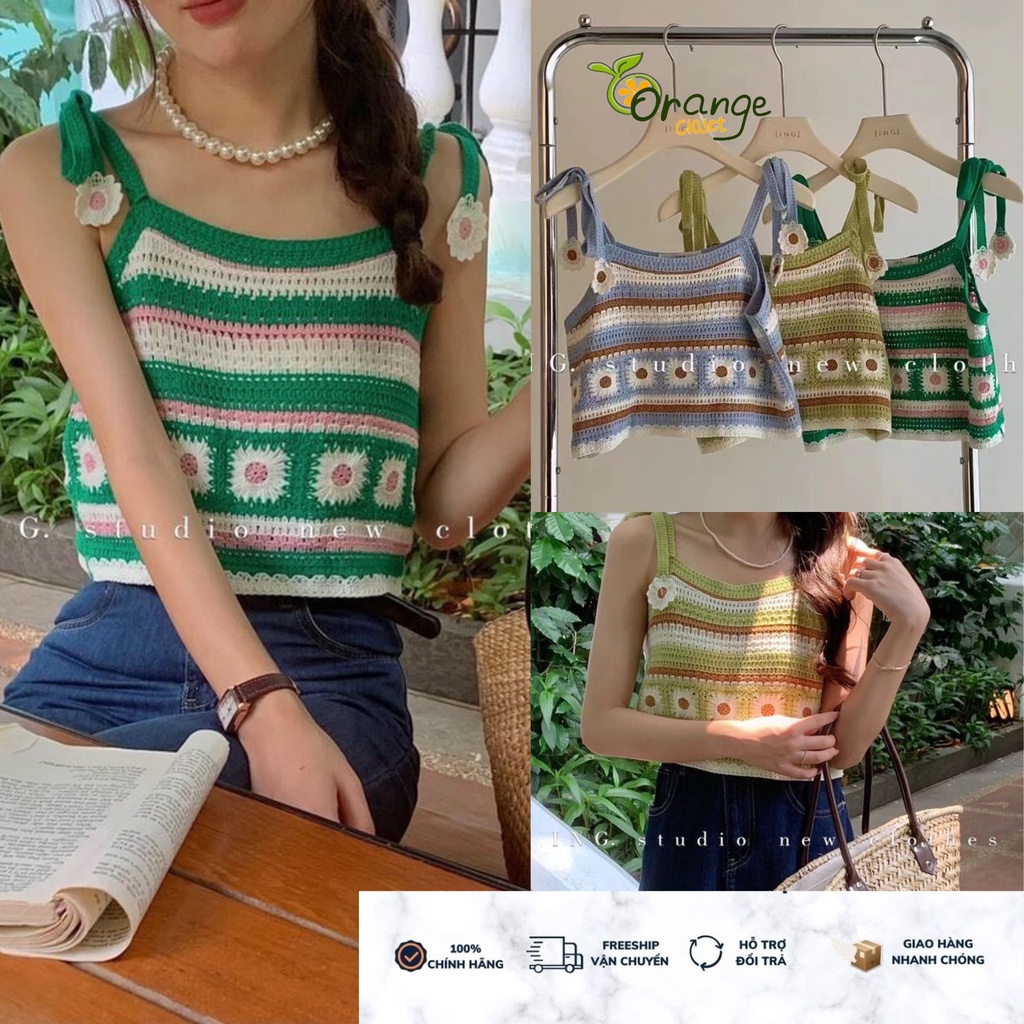 Áo croptop 2 dây len móc thêu hoa đi du lịch a27601