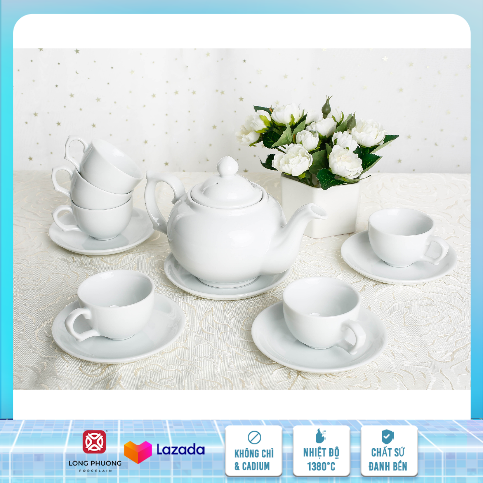 Bộ Ấm Bầu 2 Trắng - Bộ ấm chén uống trà, bộ ấm trà độc đáo, Ấm chén sứ, ấm trà gốm sứ Long Phương 500ml