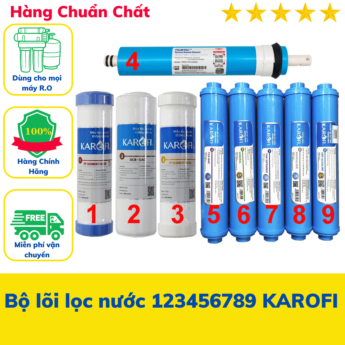 Bộ lõi lọc nước 123456789 KAROFI  lắp cho máy lọc nước KAROFI 9 lõi cam kết hàng chính hãng sai hàng đền 10TR