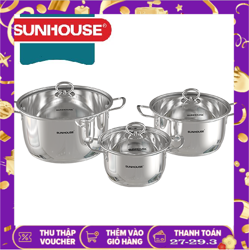 Bộ 3 nồi inox 5 đáy sunhouse shg788 chính hãng