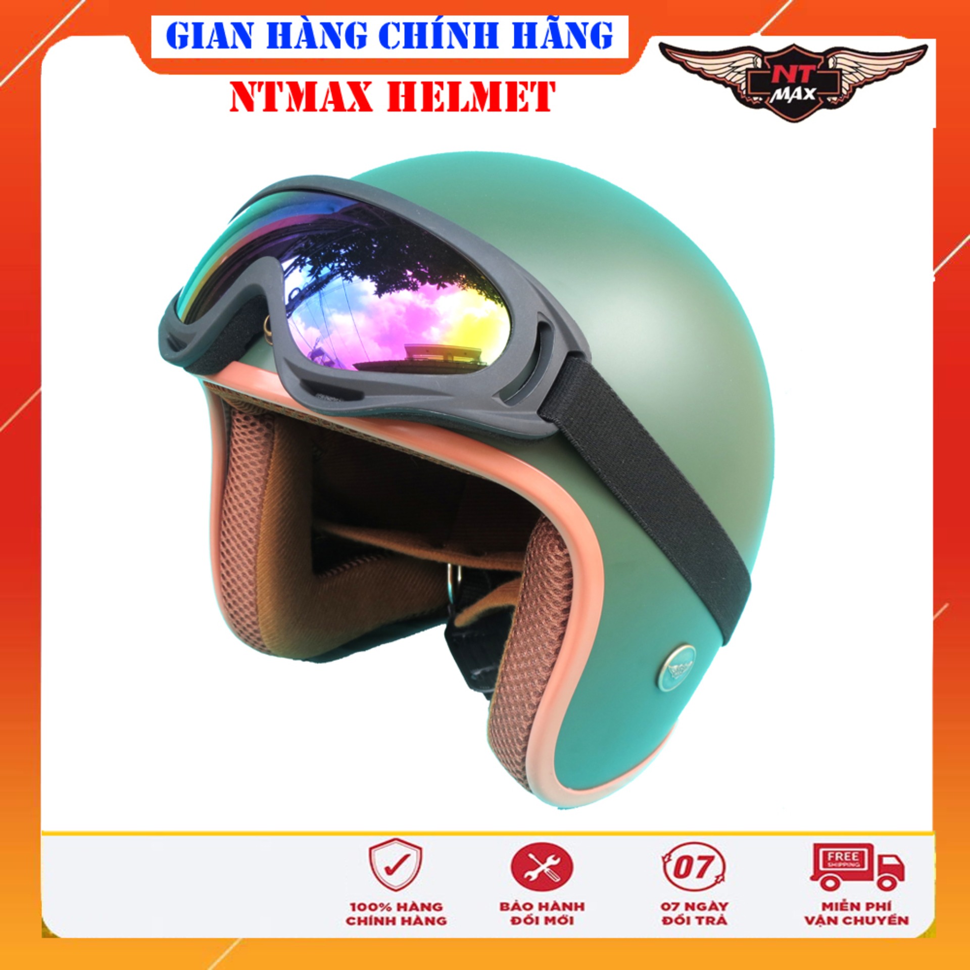 Mũ bảo hiểm ntmax 3/4 xanh rêu nhám kính uv400