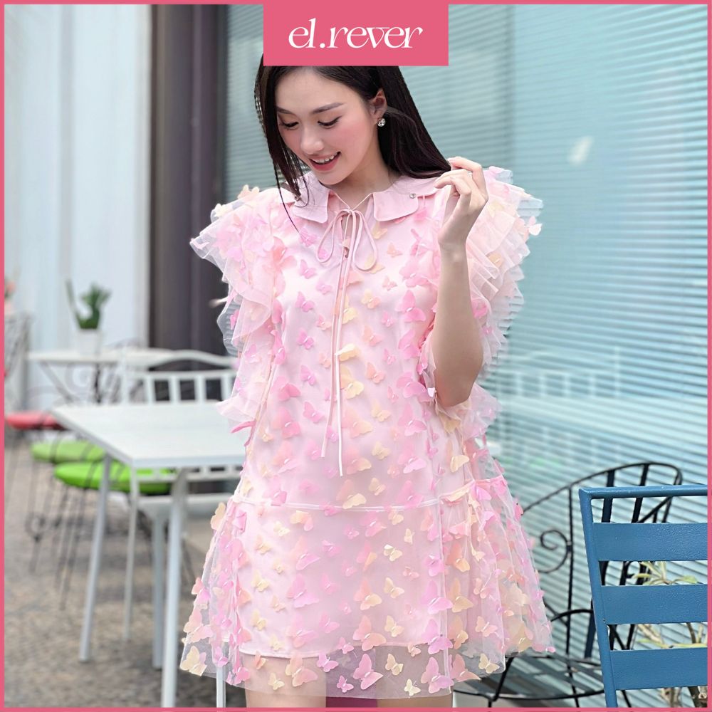 Elrêver - đầm nữ tiểu thư lưới phối tay cánh tiên - màu hồng - 0723d72