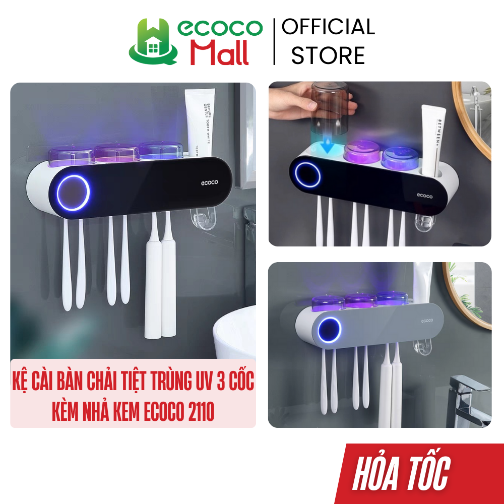 Kệ cài bàn chải tiệt trùng ECOCO 3 cốc kèm nhả kem máy khử khuẩn bàn chải bằng tia UV cao cấp mẫu mới 2022