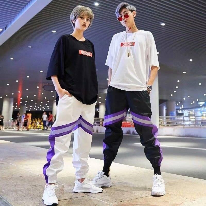 Quần jogger phản quang hiphop nam nữ viền vạch sọc tím pq - blackpink dù polyester cao cấp