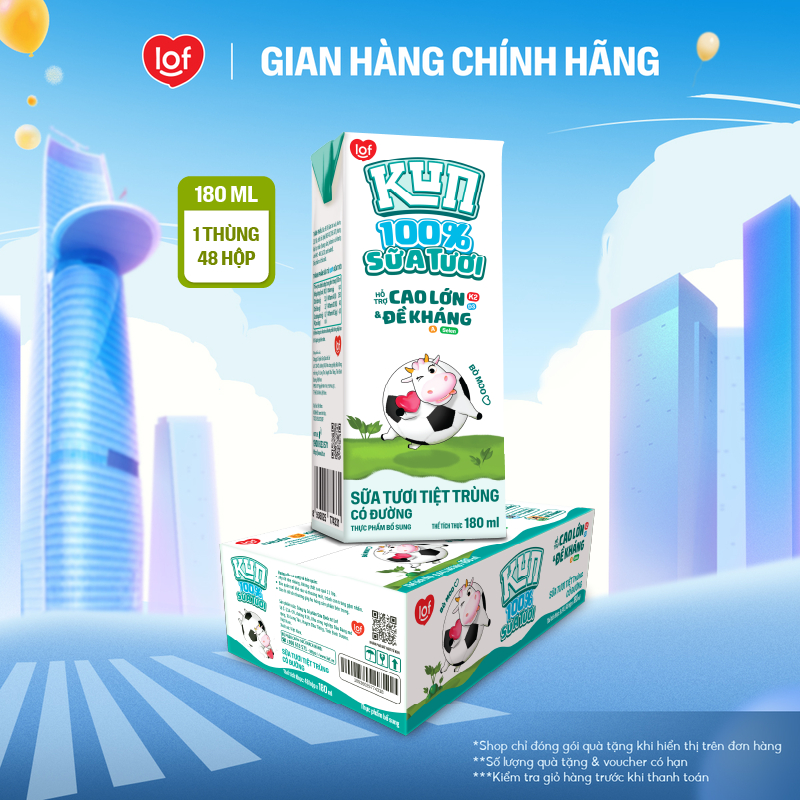 100% sữa tươi KUN có đường thùng 48 hộp x 180ml